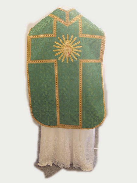 Green Roman trimmed in Green/Gold with Bullion Sacred Heart Emblem on Chasuble Back.